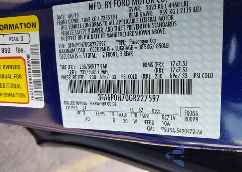 2016 Ford Fusion Se из США, поврежденный, VIN 3FA6P0H70GR227597